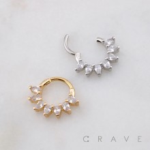 FAN-SHAPED SEVEN PEAR-CUT CZ 316L SURGICAL STEEL SEPTUM HINGED SEGMENT HOOP RING